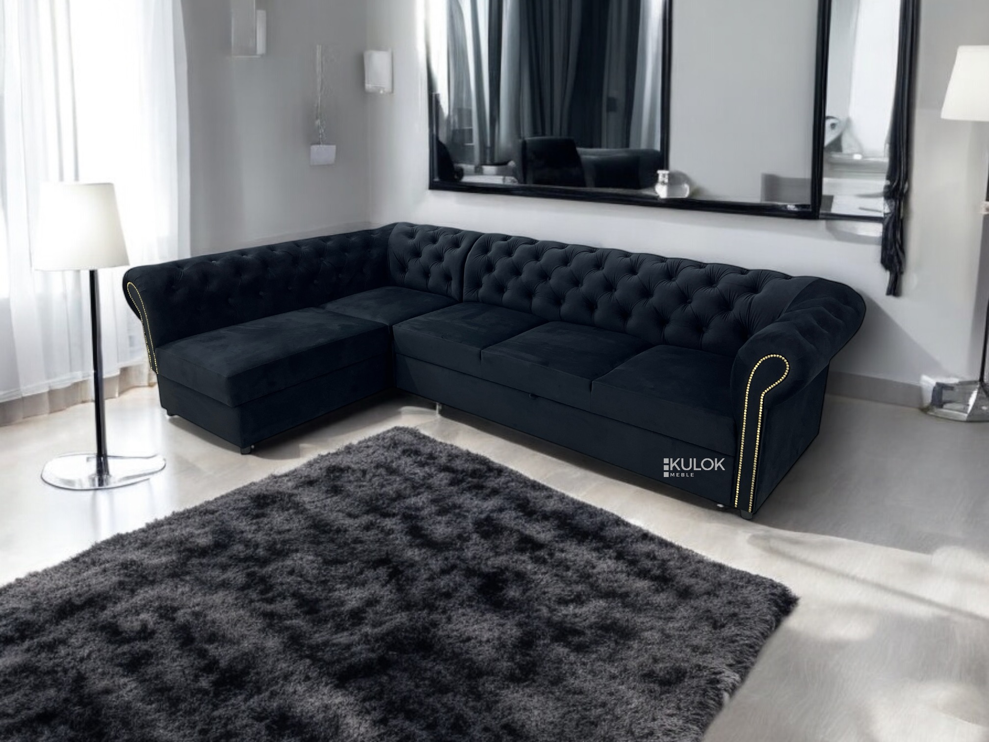Elegancki  narożnik dodatki w czarym welurze chesterfield pikowany w wersji glamour do salonu